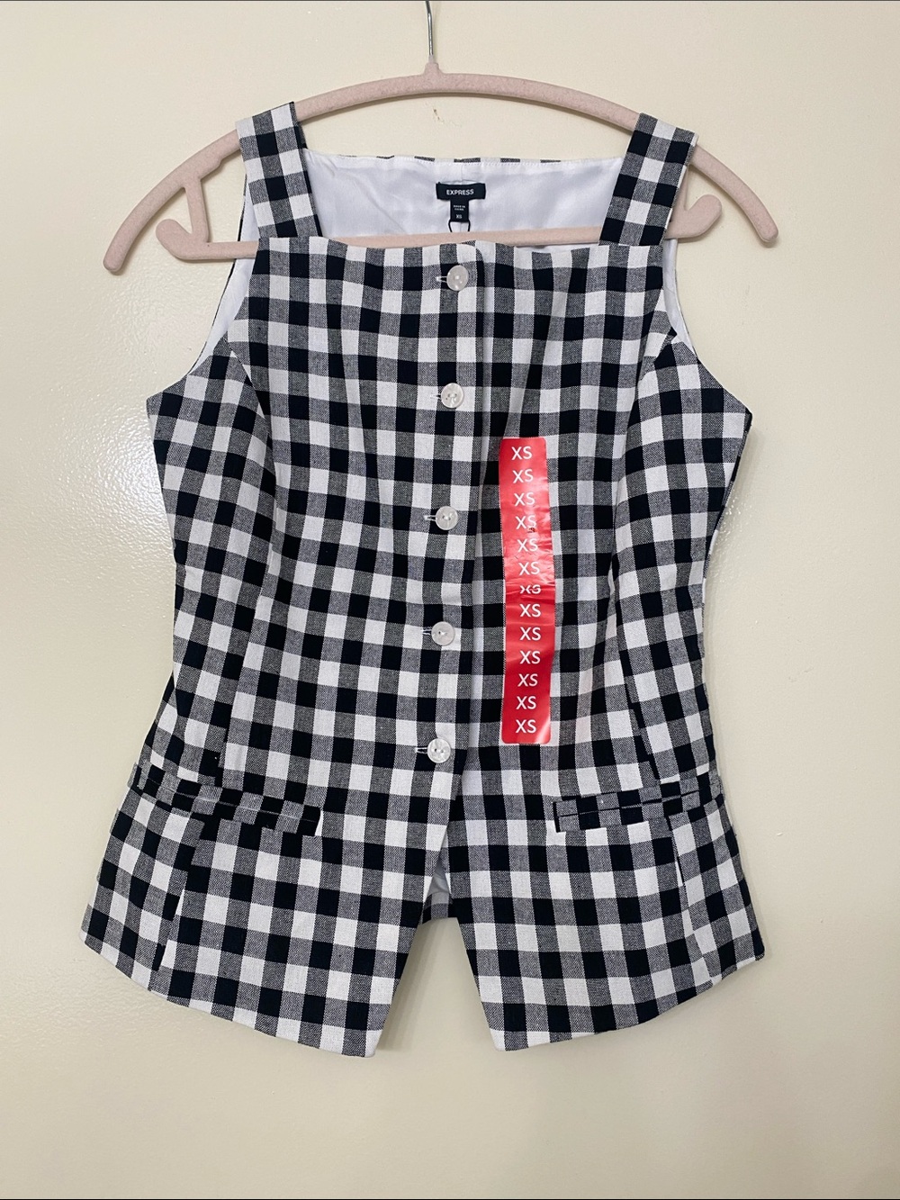 Express Black and White Gingham Linen Blend Blouse
